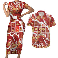Hawaii Japanese Culture Red Couples Matching Short Sleeve Bodycon Dress and Hawaiian Shirt Spring Cranes Aloha Pattern