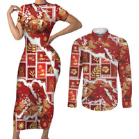 Hawaii Japanese Culture Red Couples Matching Short Sleeve Bodycon Dress and Long Sleeve Button Shirt Spring Cranes Aloha Pattern
