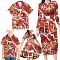 Hawaii Japanese Culture Red Family Matching Long Sleeve Bodycon Dress and Hawaiian Shirt Spring Cranes Aloha Pattern