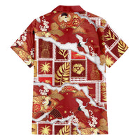 Hawaii Japanese Culture Red Family Matching Off The Shoulder Long Sleeve Dress and Hawaiian Shirt Spring Cranes Aloha Pattern