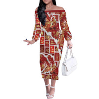 Hawaii Japanese Culture Red Family Matching Off The Shoulder Long Sleeve Dress and Hawaiian Shirt Spring Cranes Aloha Pattern
