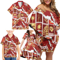 Hawaii Japanese Culture Red Family Matching Off Shoulder Short Dress and Hawaiian Shirt Spring Cranes Aloha Pattern