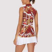 Hawaii Japanese Culture Red Women Sleeveless Polo Shirt Spring Cranes Aloha Pattern