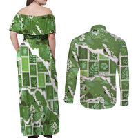 Hawaii Japanese Culture Sage Green Couples Matching Off Shoulder Maxi Dress and Long Sleeve Button Shirt Spring Cranes Aloha Pattern LT01 - Polynesian Pride