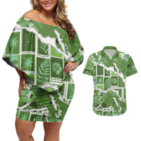Hawaii Japanese Culture Sage Green Couples Matching Off Shoulder Short Dress and Hawaiian Shirt Spring Cranes Aloha Pattern