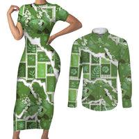 Hawaii Japanese Culture Sage Green Couples Matching Short Sleeve Bodycon Dress and Long Sleeve Button Shirt Spring Cranes Aloha Pattern