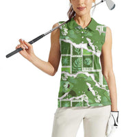 Hawaii Japanese Culture Sage Green Women Sleeveless Polo Shirt Spring Cranes Aloha Pattern