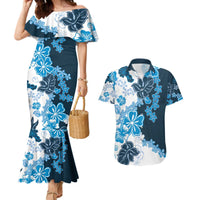 Blue Hibiscus Plumeria Floral Couples Matching Mermaid Dress and Hawaiian Shirt - Polynesian Pride