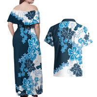 Blue Hibiscus Plumeria Floral Couples Matching Off Shoulder Maxi Dress and Hawaiian Shirt - Polynesian Pride