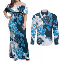 Blue Hibiscus Plumeria Floral Couples Matching Off Shoulder Maxi Dress and Long Sleeve Button Shirt LT01 Blue - Polynesian Pride