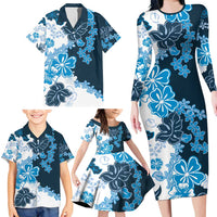 Blue Hibiscus Plumeria Floral Family Matching Long Sleeve Bodycon Dress and Hawaiian Shirt - Polynesian Pride