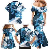 Blue Hibiscus Plumeria Floral Family Matching Mermaid Dress and Hawaiian Shirt - Polynesian Pride