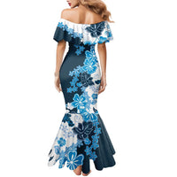 Blue Hibiscus Plumeria Floral Family Matching Mermaid Dress and Hawaiian Shirt - Polynesian Pride
