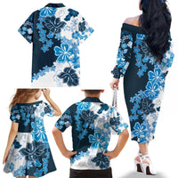 Blue Hibiscus Plumeria Floral Family Matching Off The Shoulder Long Sleeve Dress and Hawaiian Shirt - Polynesian Pride