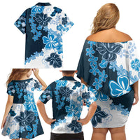 Blue Hibiscus Plumeria Floral Family Matching Off Shoulder Short Dress and Hawaiian Shirt - Polynesian Pride