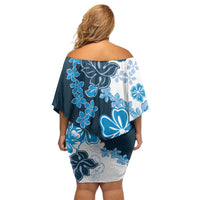 Blue Hibiscus Plumeria Floral Family Matching Off Shoulder Short Dress and Hawaiian Shirt - Polynesian Pride