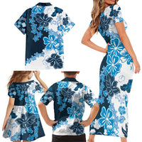 Blue Hibiscus Plumeria Floral Family Matching Short Sleeve Bodycon Dress and Hawaiian Shirt - Polynesian Pride