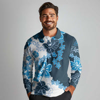 Blue Hibiscus Plumeria Floral Long Sleeve Polo Shirt LT01 - Polynesian Pride