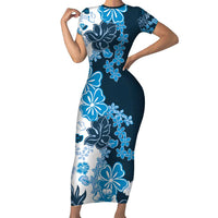 Blue Hibiscus Plumeria Floral Short Sleeve Bodycon Dress - Polynesian Pride