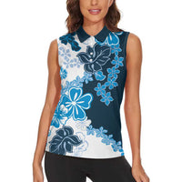 Blue Hibiscus Plumeria Floral Women Sleeveless Polo Shirt - Polynesian Pride