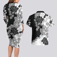 Gray Scale Hibiscus Plumeria Floral Couples Matching Long Sleeve Bodycon Dress and Hawaiian Shirt - Polynesian Pride