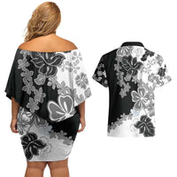 Gray Scale Hibiscus Plumeria Floral Couples Matching Off Shoulder Short Dress and Hawaiian Shirt - Polynesian Pride