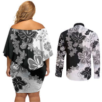 Gray Scale Hibiscus Plumeria Floral Couples Matching Off Shoulder Short Dress and Long Sleeve Button Shirt - Polynesian Pride