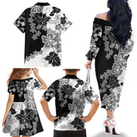 Gray Scale Hibiscus Plumeria Floral Family Matching Off The Shoulder Long Sleeve Dress and Hawaiian Shirt - Polynesian Pride