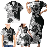 Gray Scale Hibiscus Plumeria Floral Family Matching Short Sleeve Bodycon Dress and Hawaiian Shirt - Polynesian Pride