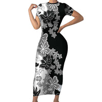 Gray Scale Hibiscus Plumeria Floral Family Matching Short Sleeve Bodycon Dress and Hawaiian Shirt - Polynesian Pride