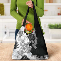 Gray Scale Hibiscus Plumeria Floral Grocery Bag - Polynesian Pride