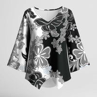 Gray Scale Hibiscus Plumeria Floral Kimono Sleeve Blouse LT01 Female Black - Polynesian Pride
