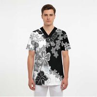 Gray Scale Hibiscus Plumeria Floral Scrub Top - Polynesian Pride