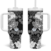 Gray Scale Hibiscus Plumeria Floral Tumbler With Handle - Polynesian Pride