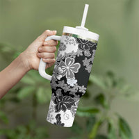 Gray Scale Hibiscus Plumeria Floral Tumbler With Handle - Polynesian Pride