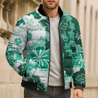 Green Hibiscus Plumeria Floral Bomber Puffer Jacket - Polynesian Pride