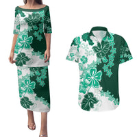 Green Hibiscus Plumeria Floral Couples Matching Puletasi and Hawaiian Shirt - Polynesian Pride