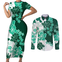 Green Hibiscus Plumeria Floral Couples Matching Short Sleeve Bodycon Dress and Long Sleeve Button Shirt LT01 Green - Polynesian Pride