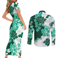 Green Hibiscus Plumeria Floral Couples Matching Short Sleeve Bodycon Dress and Long Sleeve Button Shirt LT01 - Polynesian Pride