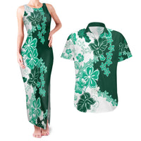 Green Hibiscus Plumeria Floral Couples Matching Tank Maxi Dress and Hawaiian Shirt - Polynesian Pride