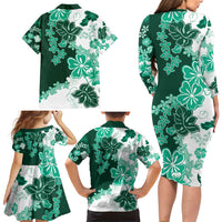 Green Hibiscus Plumeria Floral Family Matching Long Sleeve Bodycon Dress and Hawaiian Shirt - Polynesian Pride