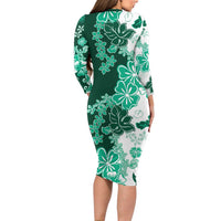 Green Hibiscus Plumeria Floral Family Matching Long Sleeve Bodycon Dress and Hawaiian Shirt - Polynesian Pride