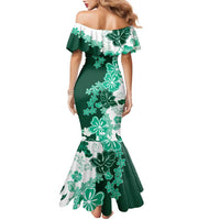 Green Hibiscus Plumeria Floral Family Matching Mermaid Dress and Hawaiian Shirt - Polynesian Pride
