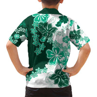 Green Hibiscus Plumeria Floral Family Matching Short Sleeve Bodycon Dress and Hawaiian Shirt - Polynesian Pride