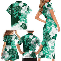 Green Hibiscus Plumeria Floral Family Matching Short Sleeve Bodycon Dress and Hawaiian Shirt - Polynesian Pride