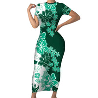 Green Hibiscus Plumeria Floral Family Matching Short Sleeve Bodycon Dress and Hawaiian Shirt - Polynesian Pride
