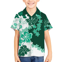 Green Hibiscus Plumeria Floral Family Matching Short Sleeve Bodycon Dress and Hawaiian Shirt - Polynesian Pride