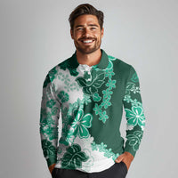 Green Hibiscus Plumeria Floral Long Sleeve Polo Shirt LT01 - Polynesian Pride
