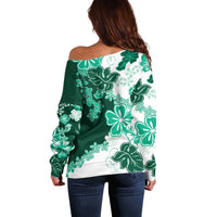 Green Hibiscus Plumeria Floral Off Shoulder Sweater - Polynesian Pride