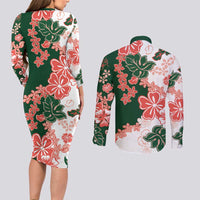 Green Orange Hibiscus Plumeria Floral Couples Matching Long Sleeve Bodycon Dress and Long Sleeve Button Shirt - Polynesian Pride